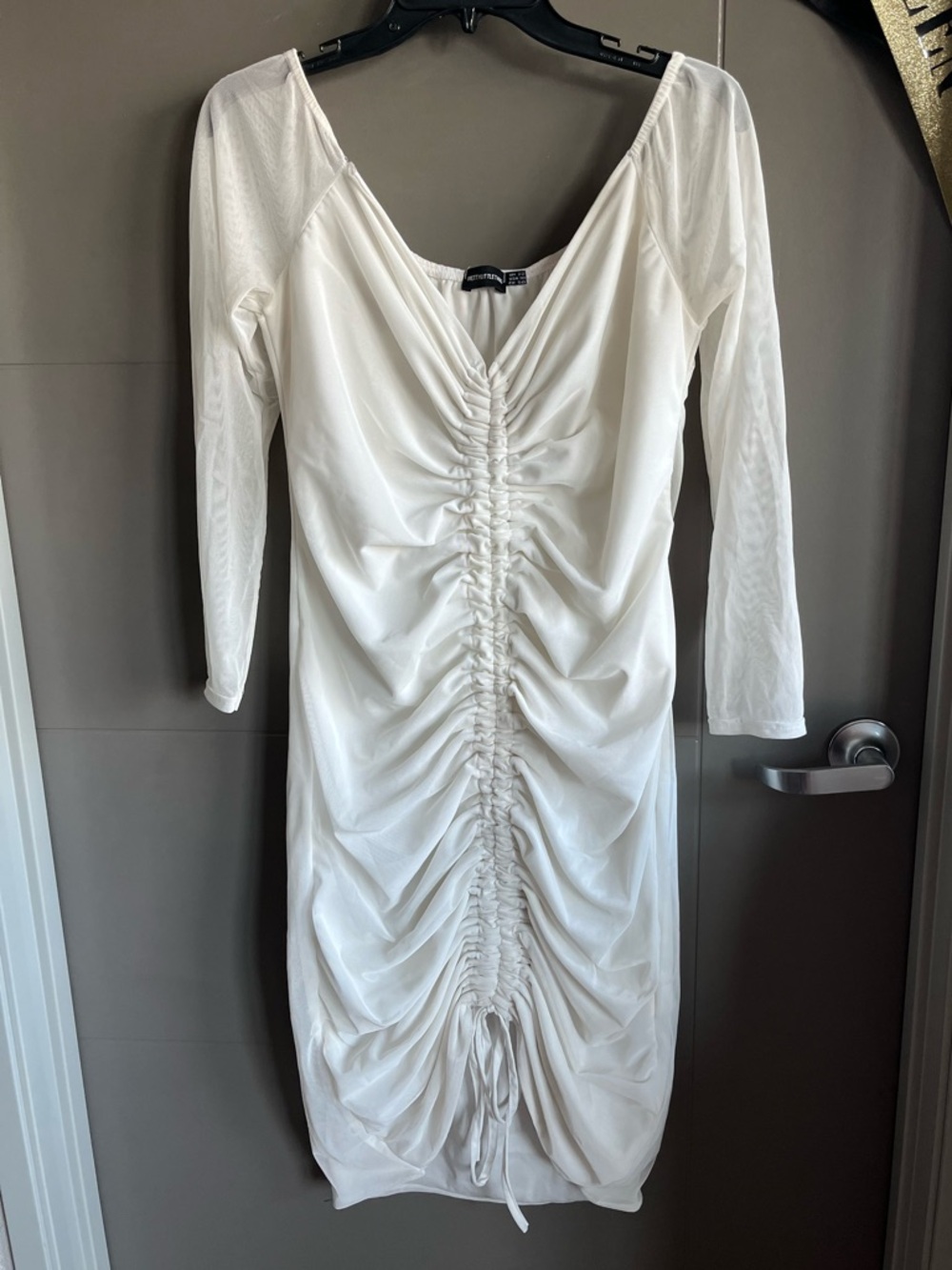 PrettyLittleThing White Long Sleeve Ruched Bodycon Dress